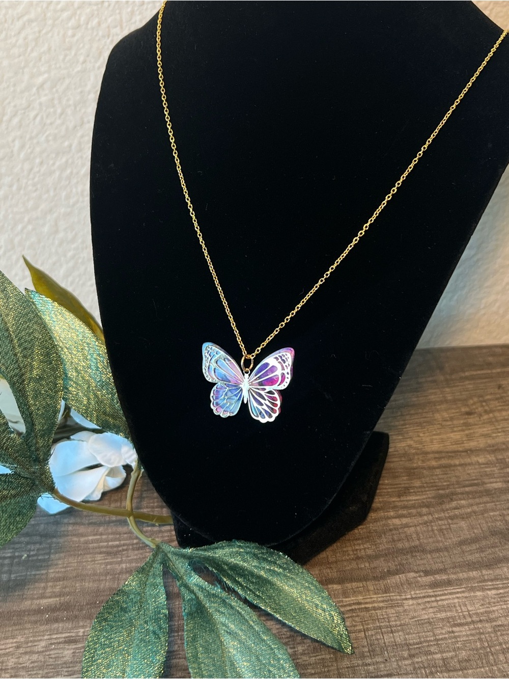 Gold Lined Butterfly Pendant Necklace in Iridescent Purple and Blue